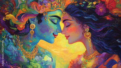 Vibrant Artistic Depiction Of Krishna And Radha In Embrace
