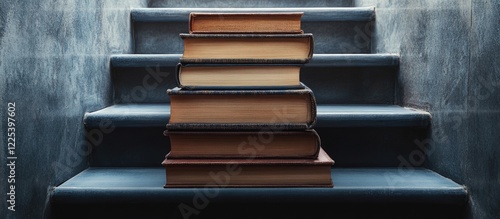 Wallpaper Mural Stacked Vintage Books on Concrete Stairs with Empty Copyspace Illuminated by Natural Light for Educational and Conceptual Uses in Blue Tones Torontodigital.ca