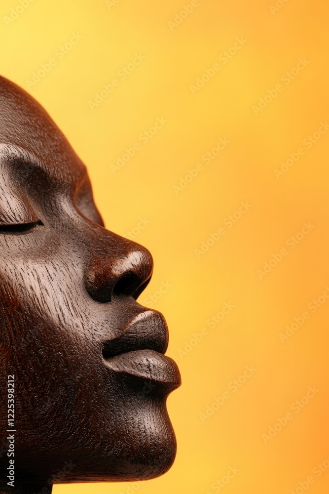 close-up of carved wooden mask resting against background of muted warm tones highlighting its intricate details and close-up of carved wooden mask resting against background of muted warm tones highlighting its intricate details and