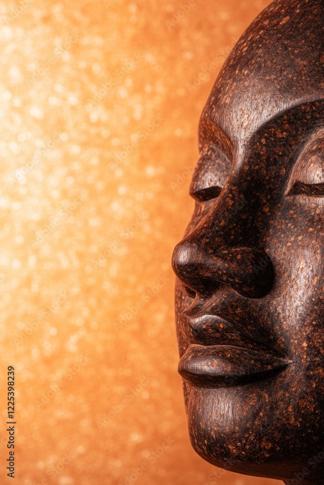 close-up of carved wooden mask resting against background of muted warm tones highlighting its intricate details and close-up of carved wooden mask resting against background of muted warm tones highlighting its intricate details and