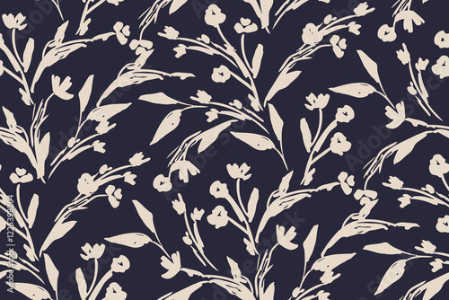 Simple monochrome two-color seamless pattern with flowers silhouette.