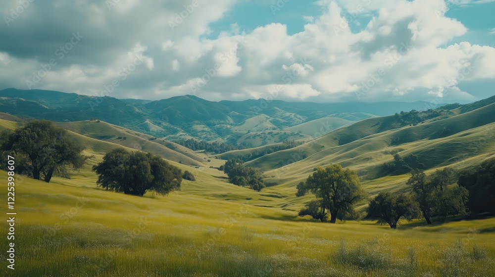 Fototapeta premium The green valley unfolds with rolling hills and vibrant foliage, a perfect haven for exploration and discovery.