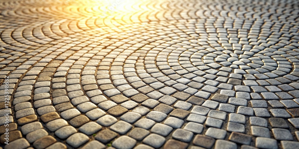 Sunlit Cobblestone Pavement Design Curving Pattern of Grey and Brown Stones Sunlit Cobblestone Pavement Design Curving Pattern of Grey and Brown Stones