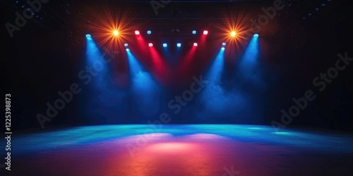 Vibrant empty stage illuminated with colorful bright lights in blue, red, and orange tones, designed for performance and text overlay. photo