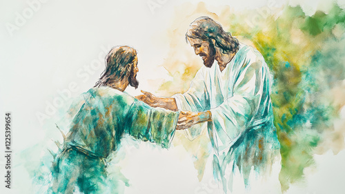 Watercolor of Jesus Christ healing the leper, soft green and tan tones, divine compassion, centered figure on white background
