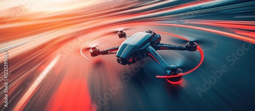 High Speed Drone Racing Action on Vibrant Terrain with Motion Blur and Dramatic Sunset Colors for Dynamic Visual Content