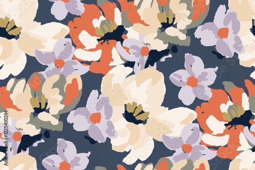 Seamless pattern with abstract flowers drawn with paint strokes.