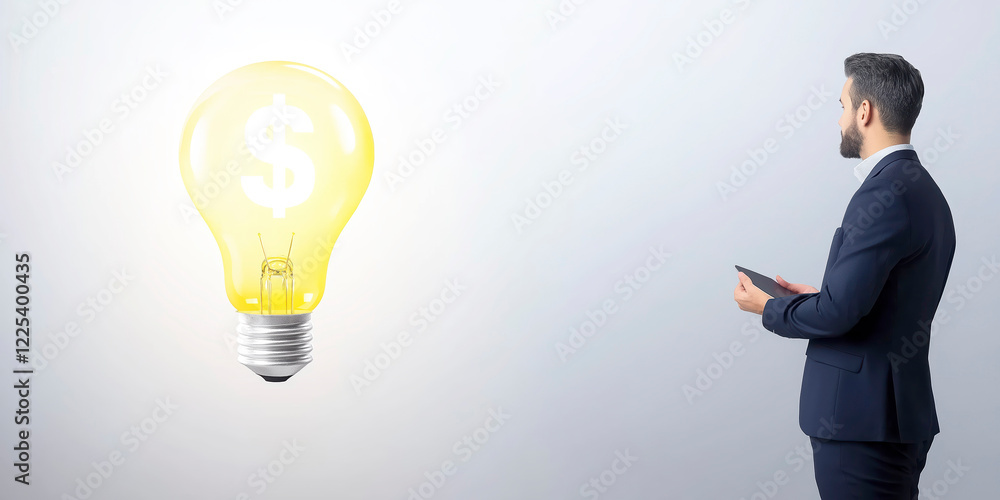Businessman looking for a new money making idea looking at a lightbulb with a dollar symbol inside Businessman looking for a new money making idea looking at a lightbulb with a dollar symbol inside