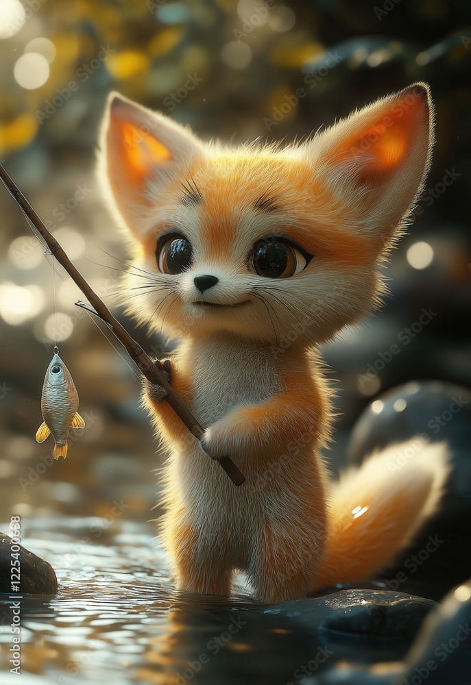 Obraz premium Cartoon fox catching fish.