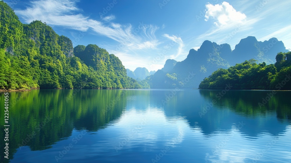 Tranquil freshwater lake surrounded by lush green mountains reflecting blue sky and fluffy clouds in serene natural landscape illustration. Tranquil freshwater lake surrounded by lush green mountains reflecting blue sky and fluffy clouds in serene natural landscape illustration.