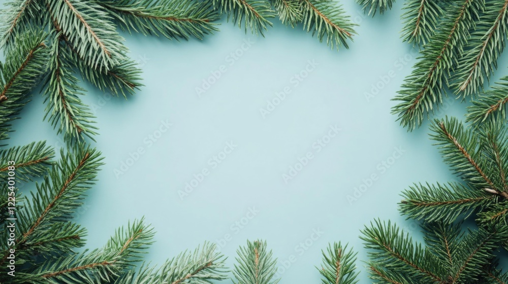Minimalistic Pastel Christmas Frame with Green Fir Branches on Soft Blue Background and Bokeh Effect for Holiday Seasonal Decor Minimalistic Pastel Christmas Frame with Green Fir Branches on Soft Blue Background and Bokeh Effect for Holiday Seasonal Decor