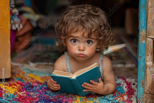 Curious child reading a small book while sitting on a colorful rug in a cozy, vibrant room photo