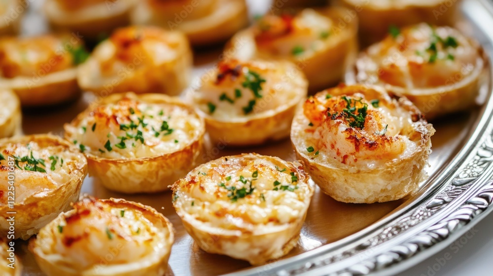 Savory Golden Crab and Cheese Appetizers on Silver Serving Tray with Fresh Green Herbs and Crispy Texture in Elegant Presentation Savory Golden Crab and Cheese Appetizers on Silver Serving Tray with Fresh Green Herbs and Crispy Texture in Elegant Presentation