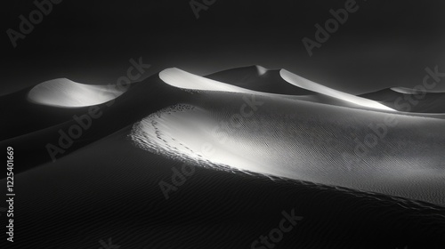 Fototapeta Naklejka Na Ścianę i Meble -  Black and white landscape of illuminated sand dunes at Death Valley National Park California USA showcasing smooth curves and shadows.