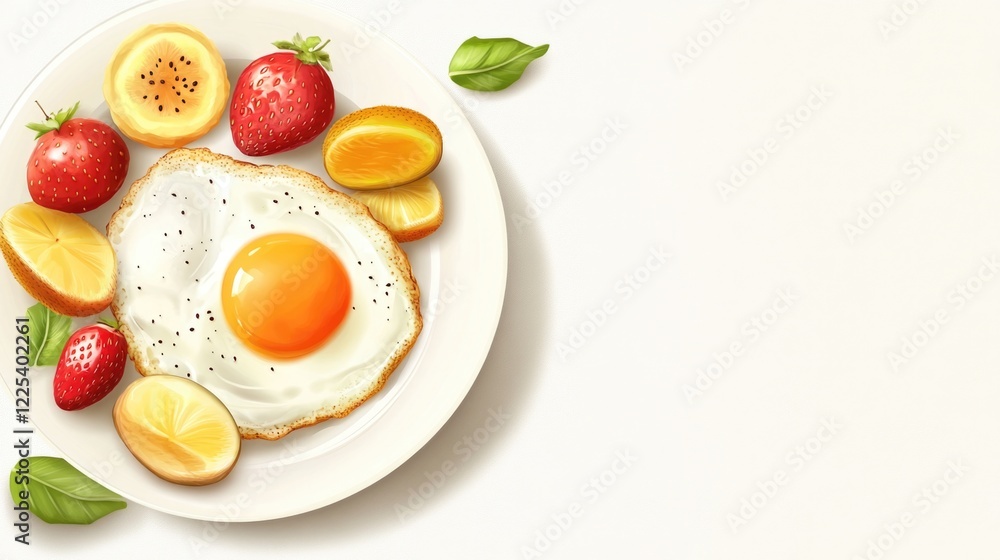 Delicious breakfast plate with one sunny-side-up egg, strawberries, oranges, and lemons arranged on a white plate against a light neutral background. Delicious breakfast plate with one sunny-side-up egg, strawberries, oranges, and lemons arranged on a white plate against a light neutral background.