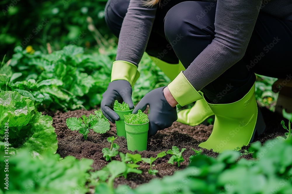 Fototapeta premium A gardener carefully plants vegetable seedlings in rich soil, preparing for the gardening season with vibrant green pots and fresh plants around her.