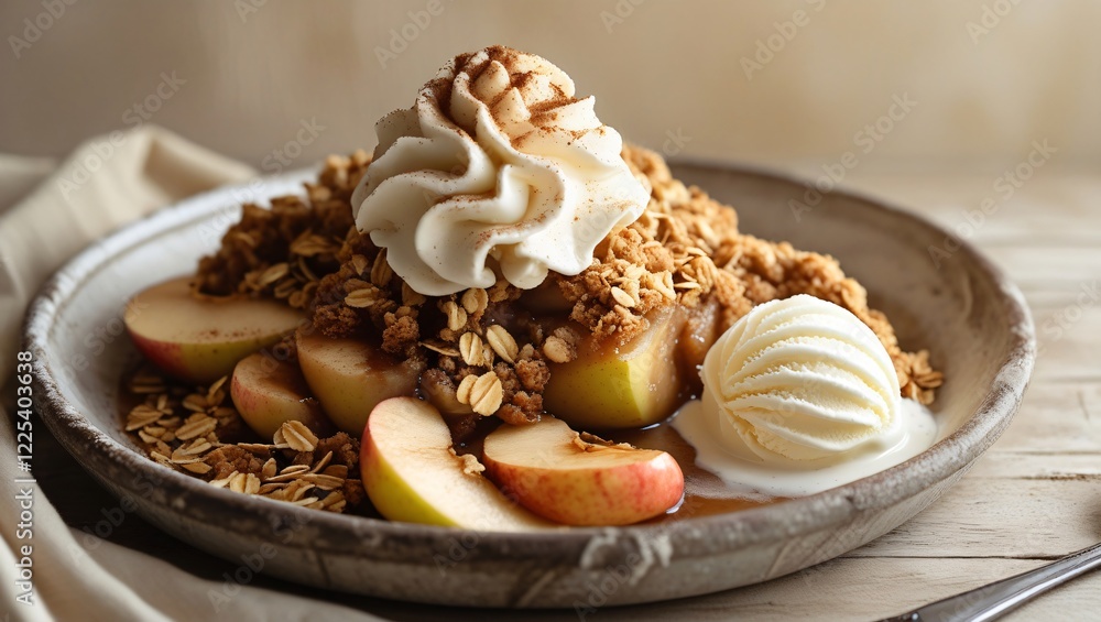 A warm apple crumble with a crispy oat topping, tender spiced apples, whipped cream, and vanilla ice cream, set on a rustic wooden table with soft, golden lighting. A warm apple crumble with a crispy oat topping, tender spiced apples, whipped cream, and vanilla ice cream, set on a rustic wooden table with soft, golden lighting.