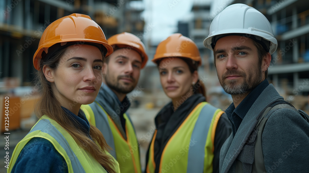 A group of four engineers, two women and two men, wearing reflective vests and safety helmets, posed in front of a blurred construction site A group of four engineers, two women and two men, wearing reflective vests and safety helmets, posed in front of a blurred construction site