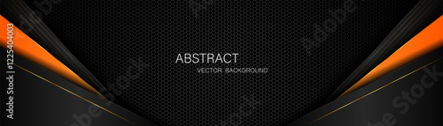 Abstract black and orange polygon with golden lines on dark steel mesh background with free space for design. modern technology innovation concept background	