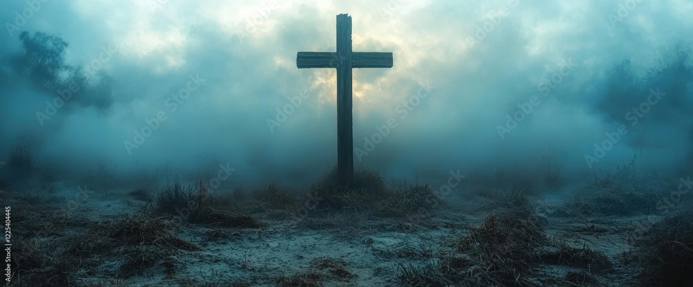 Wooden cross standing in a misty field with a dramatic sunset sky filled with vibrant clouds and warm glowing light Generative AI Wooden cross standing in a misty field with a dramatic sunset sky filled with vibrant clouds and warm glowing light Generative AI