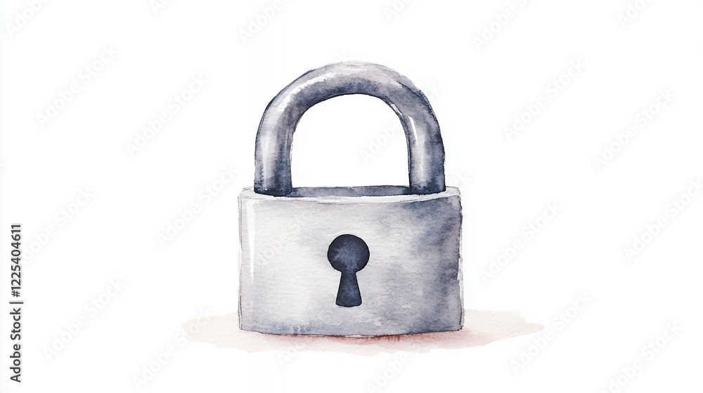 Watercolor Padlock: A Symbol of Security and Protection, Soft Hues and Subtle Background Watercolor Padlock: A Symbol of Security and Protection, Soft Hues and Subtle Background