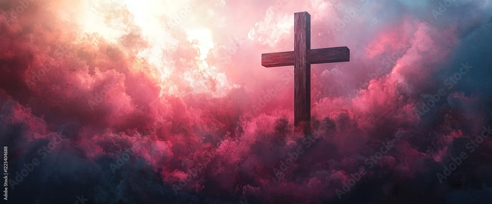 Fototapeta premium Wooden cross standing on a hill with a dramatic sky filled with glowing clouds and warm sunlight creating a spiritual and divine scene Generative AI