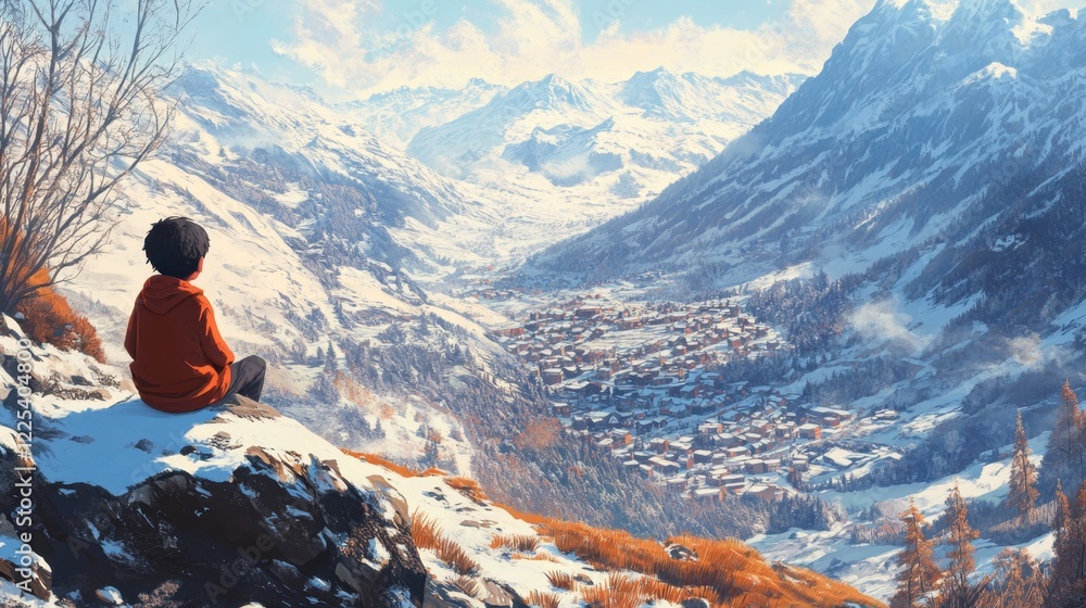 Fototapeta premium Traveler hiker in snowy mountain, travel, freedom and happiness, achievement in mountains concept