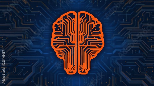 Abstract representation of an orange brain with circuitry details on a deep blue background, symbolizing artificial intelligence and modern technology concepts photo