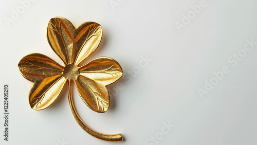 Luxurious Gold Shamrock on White: Elegant Symbol for St. Patrick's Day, Irish Heritage, and Luck-Themed Designs photo