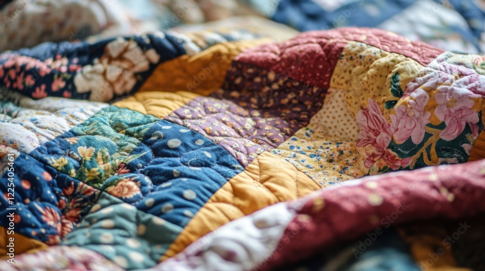 Fototapeta premium A patchwork quilt is spread out revealing intricate