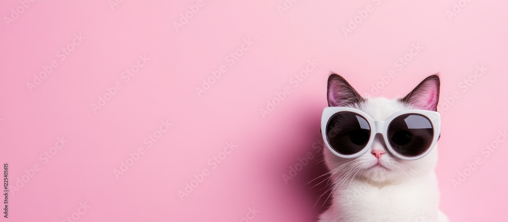 Fototapeta premium Playful Kitten Portrait with Oversized Sunglasses Against Colorful Pink Background Cute Cat with Fashionable Shades in Studio Setting
