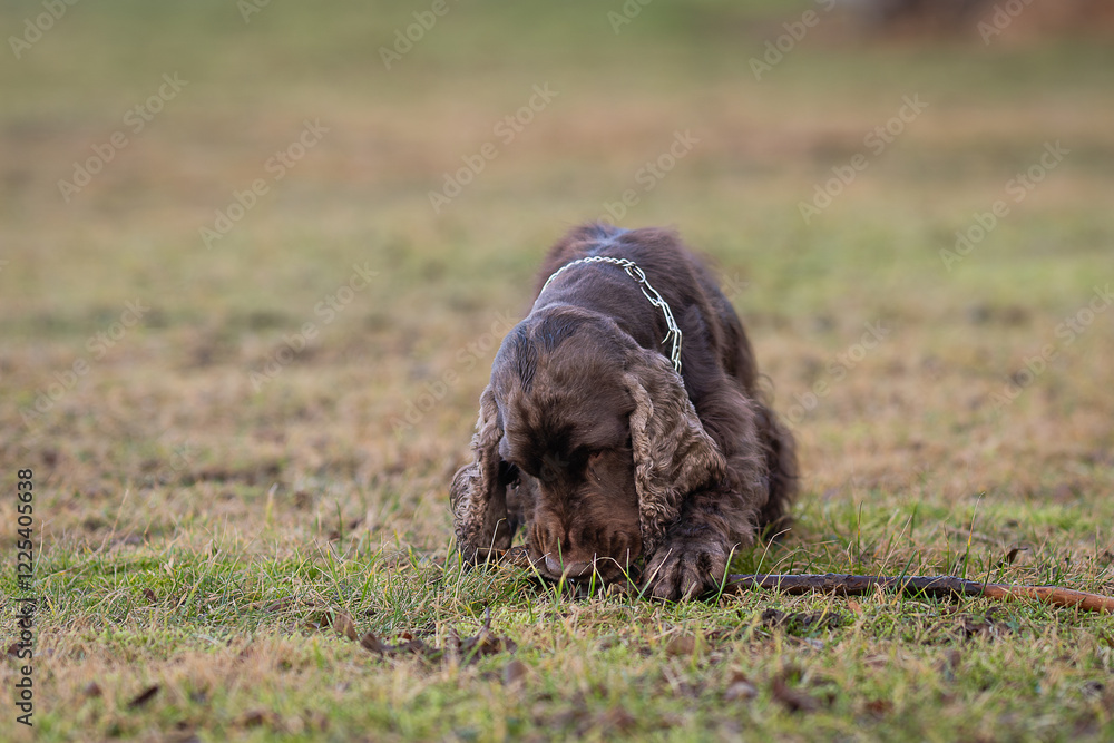 A medium-sized sturdy male purebred, fawn coloured, Boxer. Young Boxer Dog sitting in a garden. A young boxer takes a break and relaxes in a garden. A fawn coloured, purebred Boxer. 