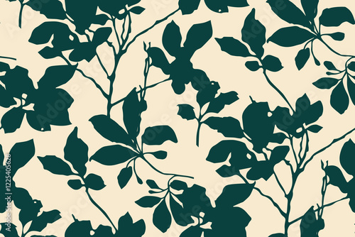 Simple monochrome two-color seamless pattern with flowers silhouette.