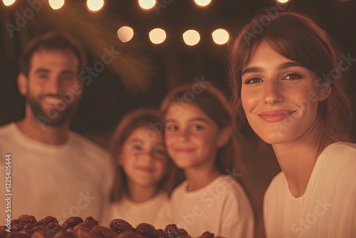 blurry full-face shot of family gathered around iftar meal sharing dates and smiles under warm festive lighting photo