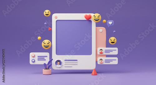 3D Render of Social Media App Interface with Emojis and Notifications