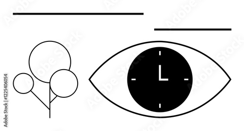 Black eye with clock center, minimal tree, horizontal lines. Ideal for time management, awareness, nature connection, simplicity, mindfulness, modern design abstract line flat metaphor
