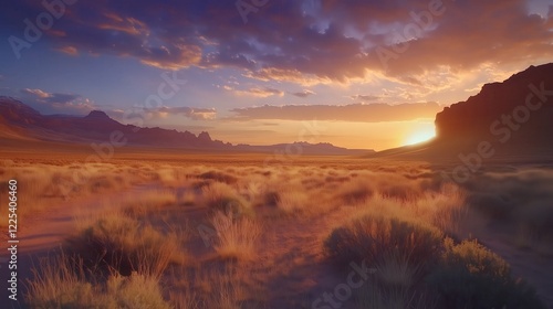 The golden glow of sunset lights up the desert horizon.