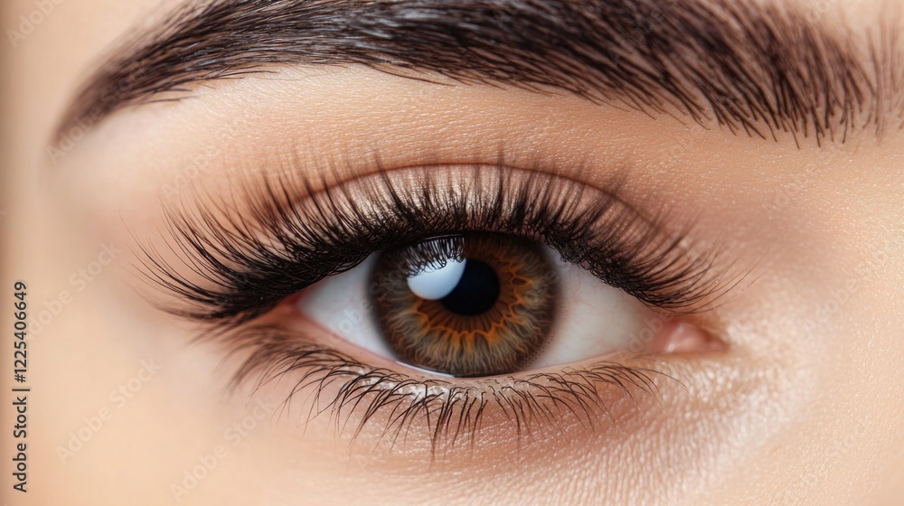 Obraz premium Close-Up Macro Shot of Beautiful Woman's Eye with Long Eyelashes and Brown Iris against Neutral Skin Tone Background