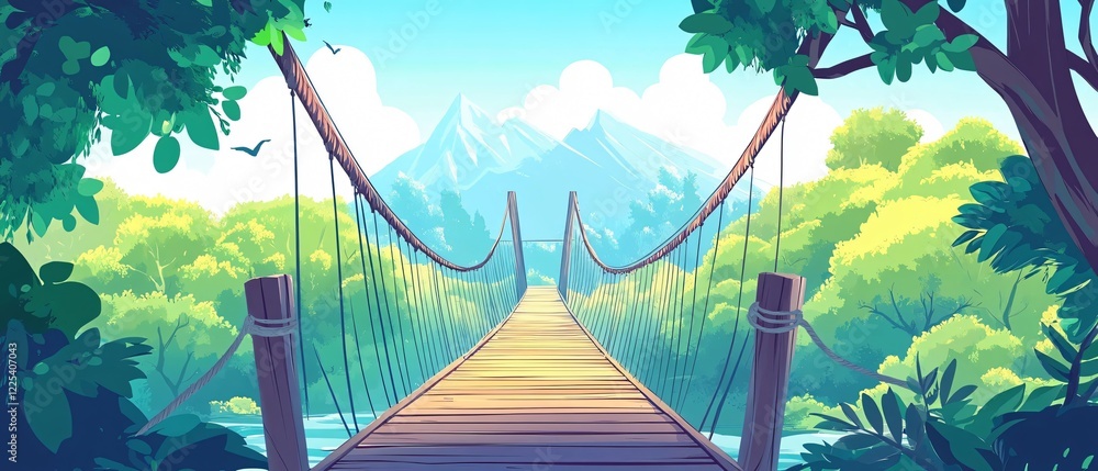 Fototapeta premium Picturesque Suspension Bridge Over Lush Forest Canopy