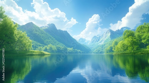 Tranquil freshwater lake reflecting lush green mountains under a bright blue sky with soft clouds serene nature landscape scenery