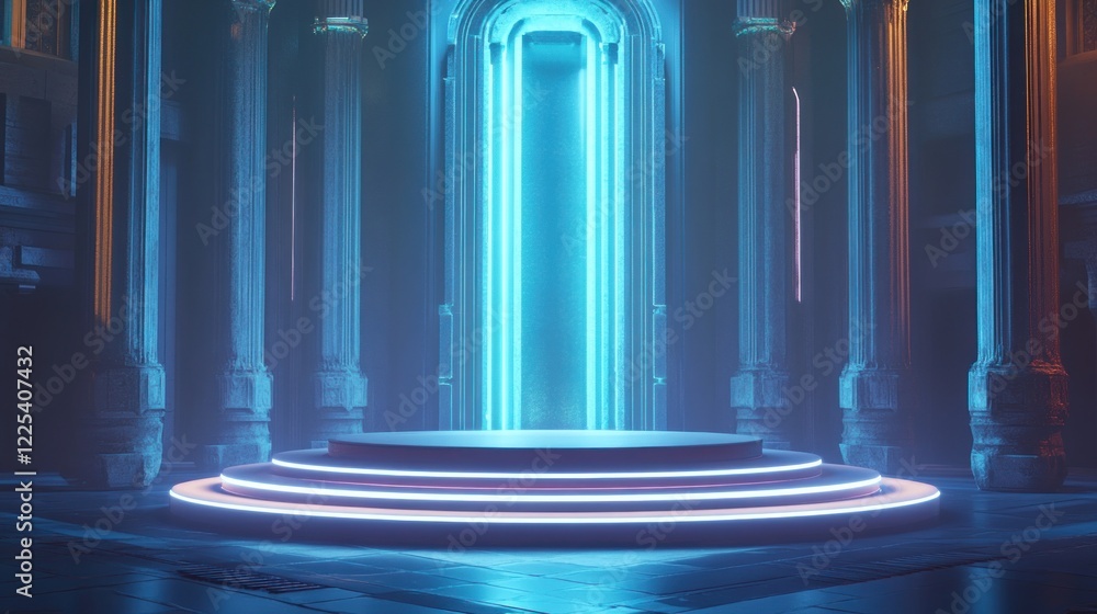 Fototapeta premium Neon Lit Platform in Ancient Stone Structure