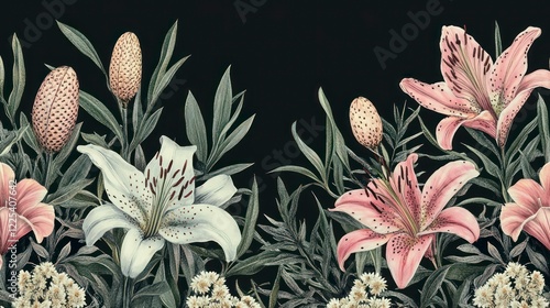 Wallpaper Mural A vintage botanical illustration featuring a pink and white floral border, with lilies and banksia flowers alongside grasses on a black background. The details are hand-drawn, in a vintage style Torontodigital.ca