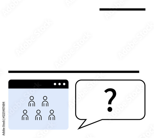 Browser window with group icons beside speech bubble and question mark, representing online communication, QA, feedback. Ideal for teamwork, collaboration, webinars, tech, brainstorming education