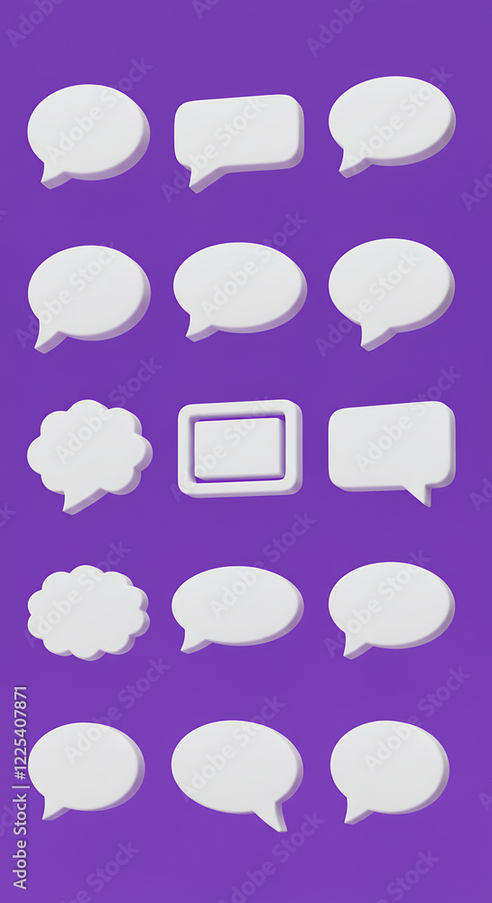 3D Render of White Speech Bubbles on Purple Background - Communication, Chat, Message Icons 3D Render of White Speech Bubbles on Purple Background - Communication, Chat, Message Icons