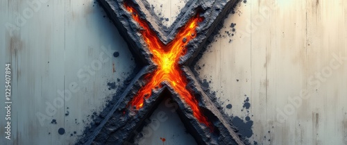An intense and striking X symbol bursts forth from a rugged, weathered surface, radiating fiery orange and red hues. This captivating image evokes a sense of power and energy, perfect for themes of
