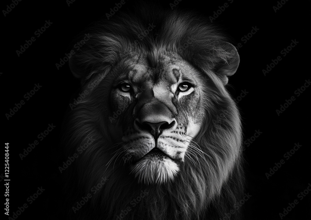 Naklejka premium Powerful and majestic black and white lion portrait with intense gaze, detailed fur texture, and dramatic lighting on a dark background, symbolizing strength, leadership, and courage
