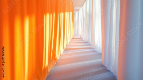 Dimly lit hallway with vibrant orange light filtering through long white curtains creating warm shadows on the floor inviting tranquility and creativity. photo