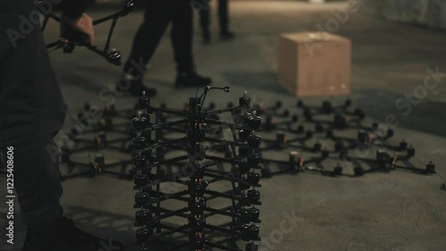 Young people lay out fpv drones and quadcopters on the floor.