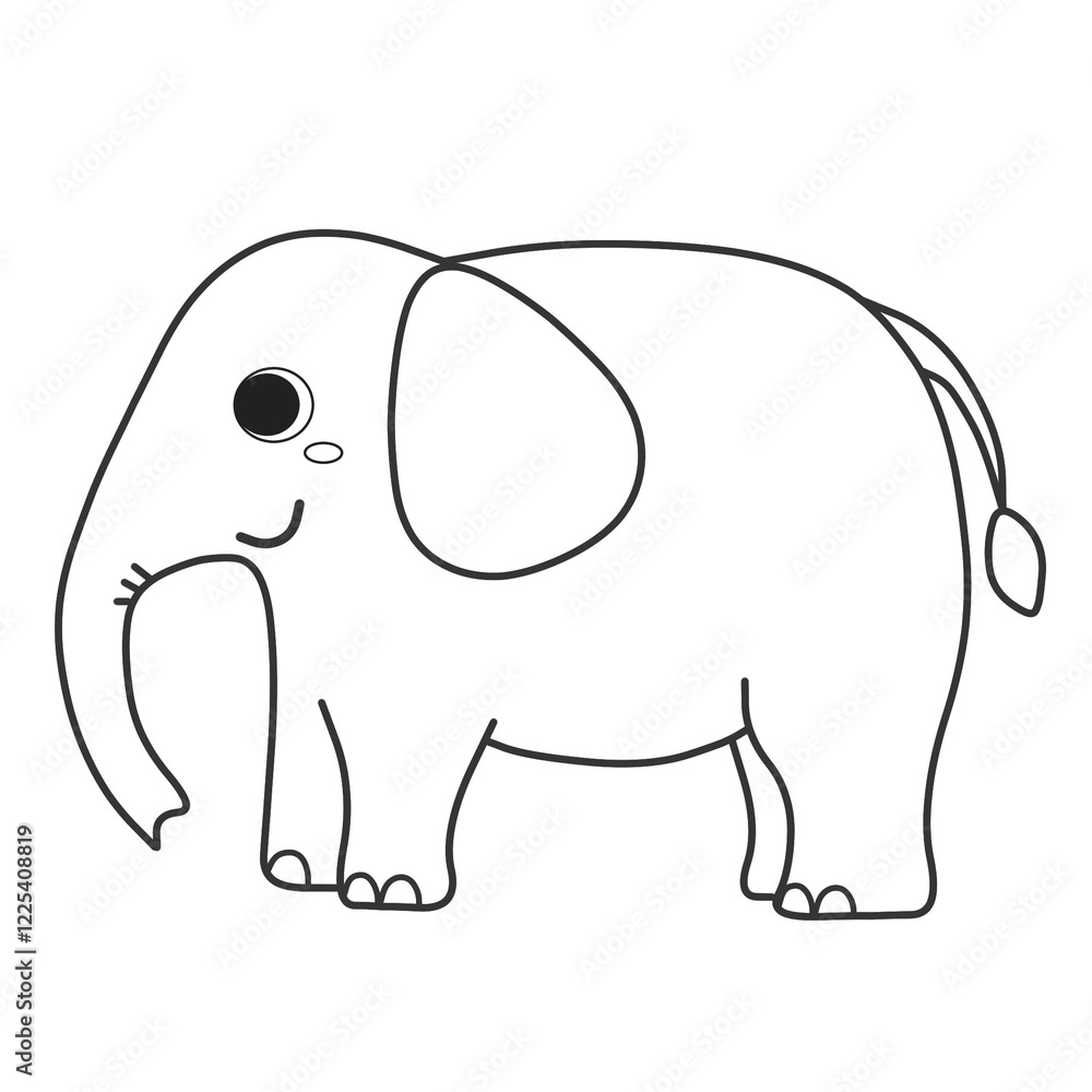 Obraz premium Cute elephant coloring page for kids. Smiling elephant doodle. Children's coloring activity sheet. Cute Illustration to Color.