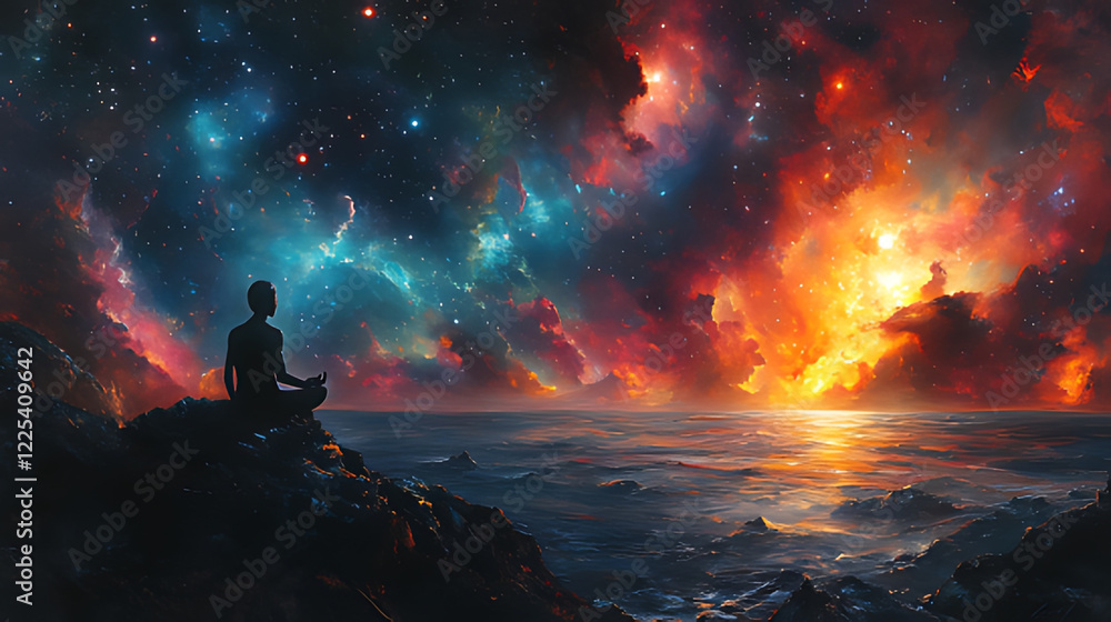 Man meditates oceanside, cosmic sunset backdrop, spiritual peace Man meditates oceanside, cosmic sunset backdrop, spiritual peace